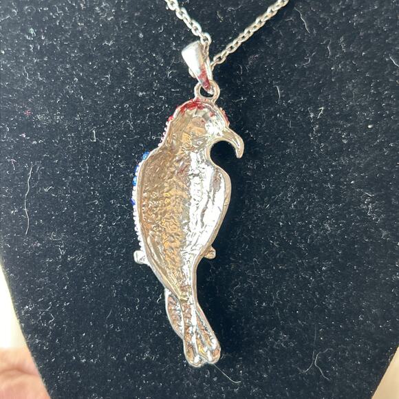 BLING! Red Blue Rhinestone Parrot Bird Pendant Necklace 17" Silver Tone Chain - Picture 3 of 5